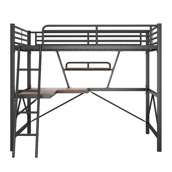 English Elm Full Full Size Loft Bed with Built-In Desk and Shelf, Sturdy Metal & MDF Frame Maximizes Space and Study Black GX001106AAB