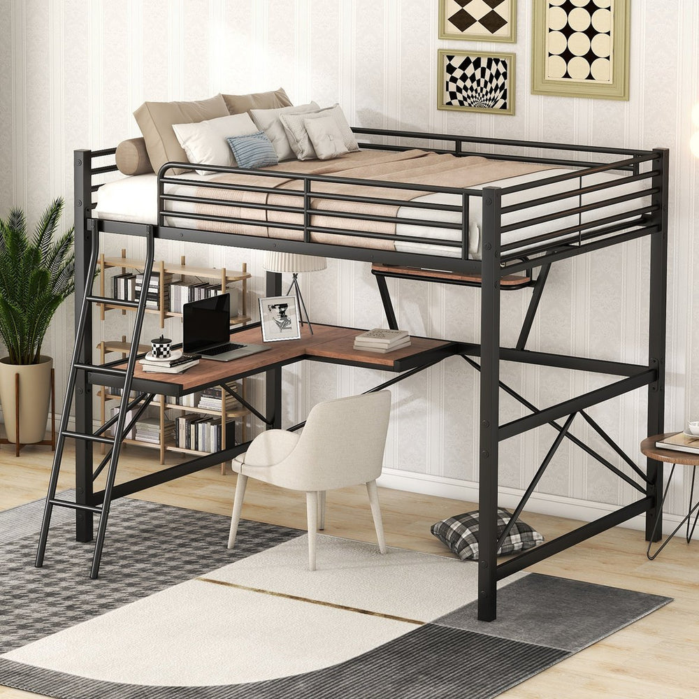 English Elm Full Full Size Loft Bed with Built-In Desk and Shelf, Sturdy Metal & MDF Frame Maximizes Space and Study Black GX001106AAB