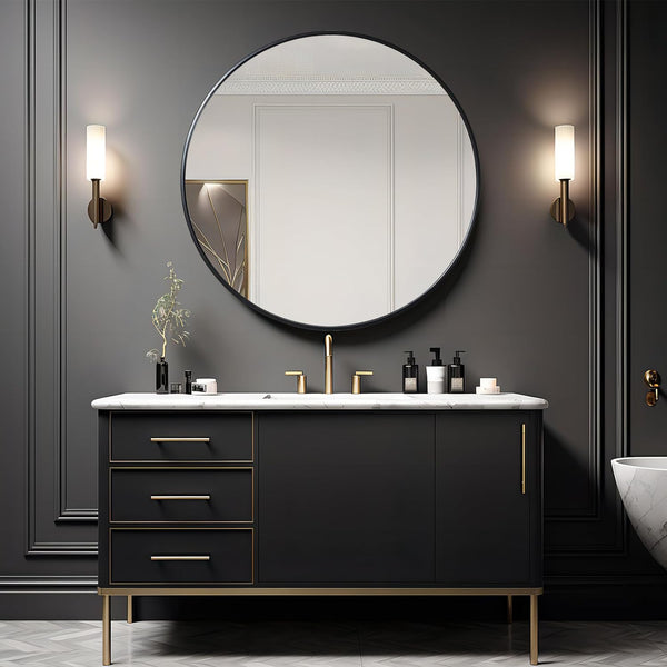 English Elm 39 Inch Metal Framed Round Bathroom Mirror 39" Large 4mm HD Shatterproof Glass with Rust-Resistant Frame Black W2203P304043