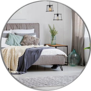 English Elm 39 Inch Round Wall Mirror Brushed Aluminum Frame Bathroom Vanity Modern Decor W2203P304073