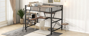 English Elm Full Full Size Loft Bed with Built-In Desk and Shelf, Sturdy Metal & MDF Frame Maximizes Space and Study Black GX001106AAB
