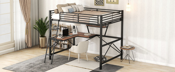 English Elm Full Full Size Loft Bed with Built-In Desk and Shelf, Sturdy Metal & MDF Frame Maximizes Space and Study Black GX001106AAB