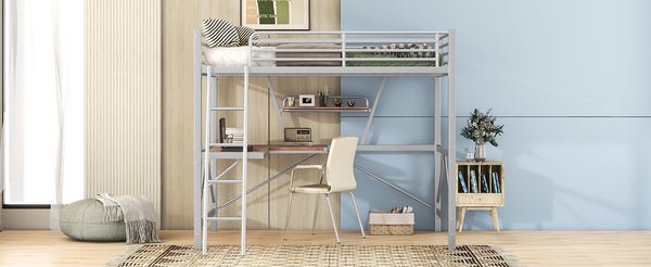 English Elm Full Full Size Loft Bed with Built-In Desk and Shelf, Sturdy Metal & MDF Frame Maximizes Space and Study Silver GX001106AAN