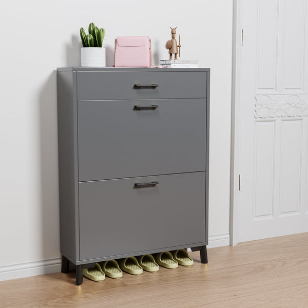 English Elm Shoe Storage Cabinet with Slim Footprint and 2 Flip Drawers, Durable MDF & Metal Organizer for Entryway Gray W578124378