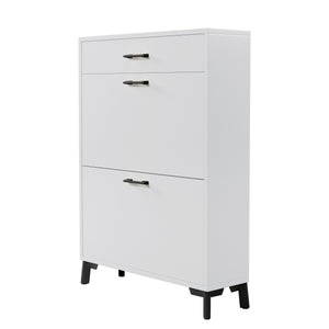 English Elm Shoe Storage Cabinet with Slim Footprint and 2 Flip Drawers, Durable MDF & Metal Organizer for Entryway White W578124376