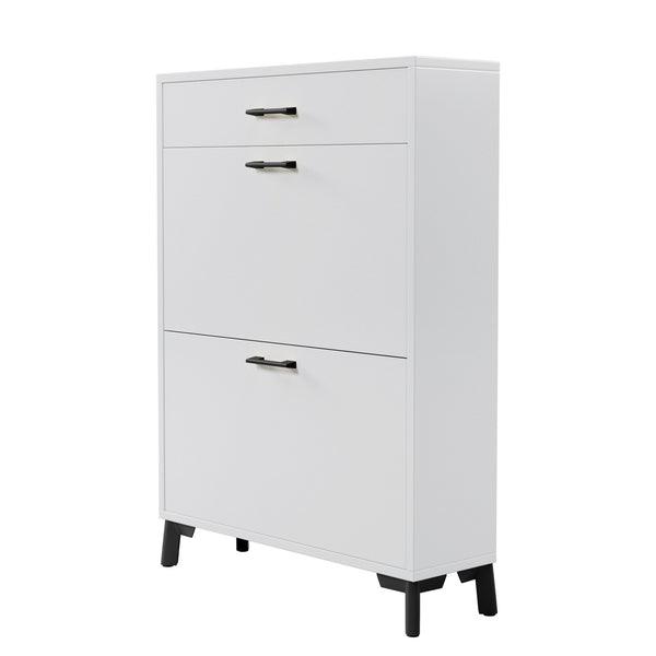 English Elm Shoe Storage Cabinet with Slim Footprint and 2 Flip Drawers, Durable MDF & Metal Organizer for Entryway White W578124376
