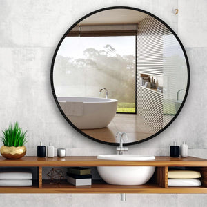 English Elm 39 Inch Metal Framed Round Bathroom Mirror 39" Large 4mm HD Shatterproof Glass with Rust-Resistant Frame Black W2203P304043