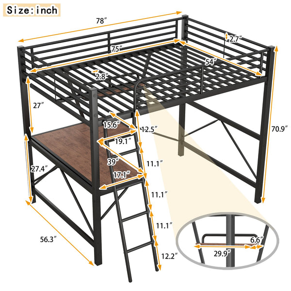 English Elm Full Full Size Loft Bed with Built-In Desk and Shelf, Sturdy Metal & MDF Frame Maximizes Space and Study Black GX001106AAB