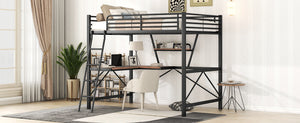 English Elm Full Full Size Loft Bed with Built-In Desk and Shelf, Sturdy Metal & MDF Frame Maximizes Space and Study Black GX001106AAB
