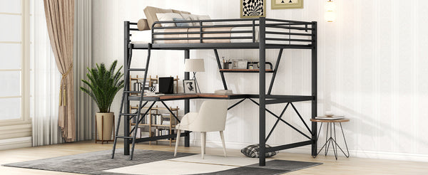 English Elm Full Full Size Loft Bed with Built-In Desk and Shelf, Sturdy Metal & MDF Frame Maximizes Space and Study Black GX001106AAB