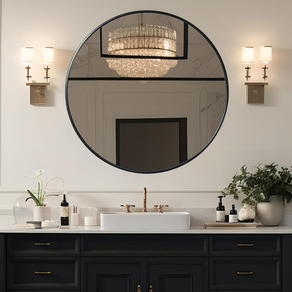 English Elm 39 Inch Metal Framed Round Bathroom Mirror 39" Large 4mm HD Shatterproof Glass with Rust-Resistant Frame Black W2203P304043