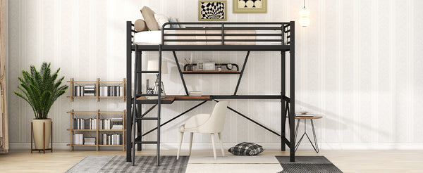 English Elm Full Full Size Loft Bed with Built-In Desk and Shelf, Sturdy Metal & MDF Frame Maximizes Space and Study Black GX001106AAB