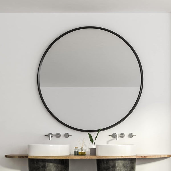 English Elm 39 Inch Metal Framed Round Bathroom Mirror 39" Large 4mm HD Shatterproof Glass with Rust-Resistant Frame Black W2203P304043