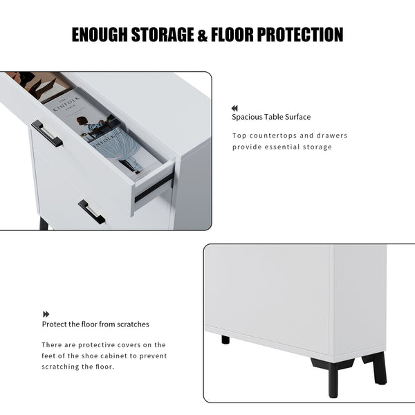 English Elm Shoe Storage Cabinet with Slim Footprint and 2 Flip Drawers, Durable MDF & Metal Organizer for Entryway White W578124376