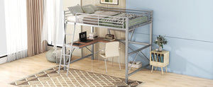 English Elm Full Full Size Loft Bed with Built-In Desk and Shelf, Sturdy Metal & MDF Frame Maximizes Space and Study Silver GX001106AAN