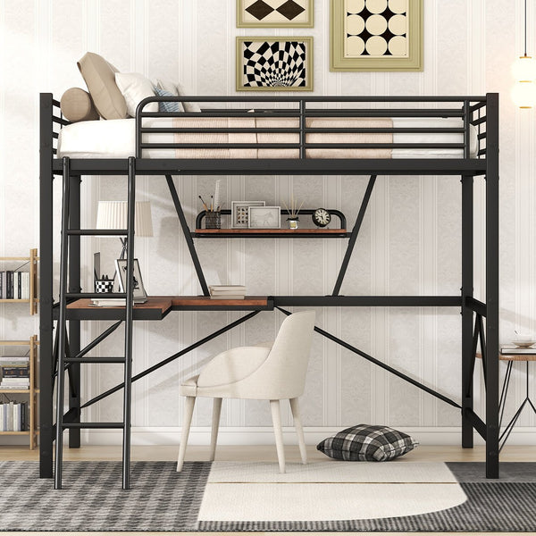 English Elm Full Full Size Loft Bed with Built-In Desk and Shelf, Sturdy Metal & MDF Frame Maximizes Space and Study Black GX001106AAB