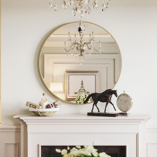 English Elm 39 Inch Metal Framed Round Bathroom Mirror 39" Large 4mm HD Shatterproof Glass with Rust-Resistant Frame Gold W2203P304056