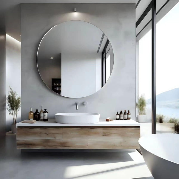 English Elm 39 Inch Round Wall Mirror Brushed Aluminum Frame Bathroom Vanity Modern Decor W2203P304073