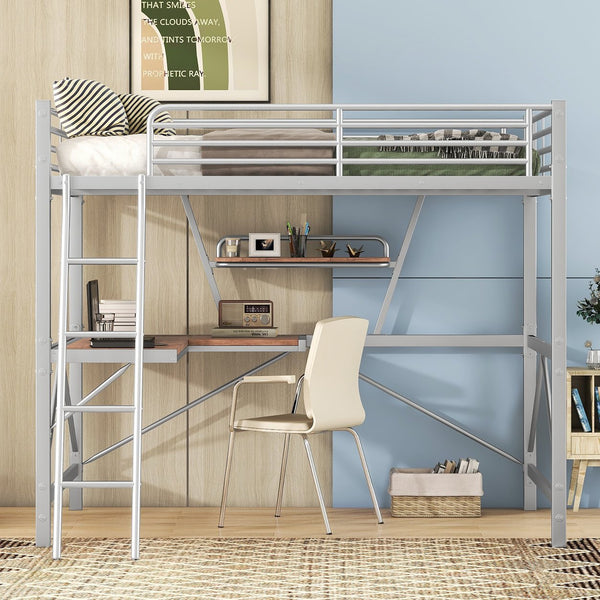 English Elm Full Full Size Loft Bed with Built-In Desk and Shelf, Sturdy Metal & MDF Frame Maximizes Space and Study Silver GX001106AAN