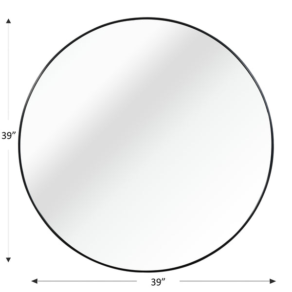 English Elm 39 Inch Metal Framed Round Bathroom Mirror 39" Large 4mm HD Shatterproof Glass with Rust-Resistant Frame Black W2203P304043