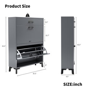 English Elm Shoe Storage Cabinet with Slim Footprint and 2 Flip Drawers, Durable MDF & Metal Organizer for Entryway Gray W578124378