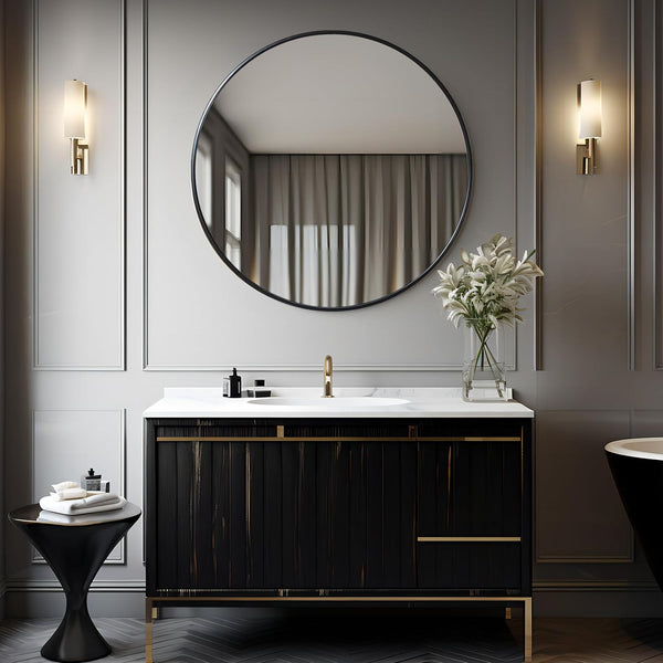 English Elm 42 Inch Round Bathroom Mirror 42" 4mm HD Shatterproof Glass with Anti-Rust Metal Frame and Easy Mounting Black W2203P304107