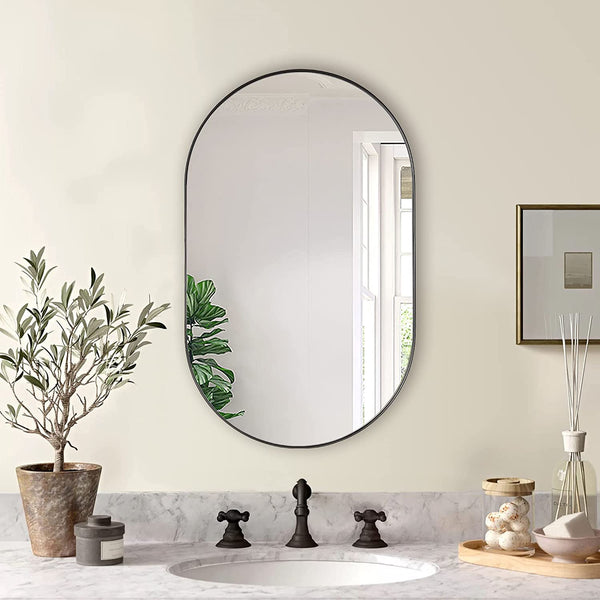 English Elm Black 20 x 33 Inch Metal Oval Mirror with Brushed Aluminum Frame, Shatterproof HD Glass, Easy Install W2203P323185