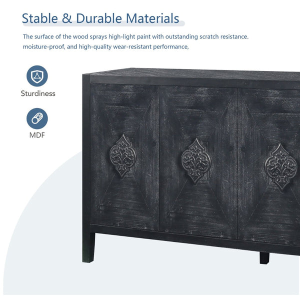 English Elm Carved Floral Handle Pine Veneer Sideboard Antique Four Door Buffet Cabinet W1445P146387