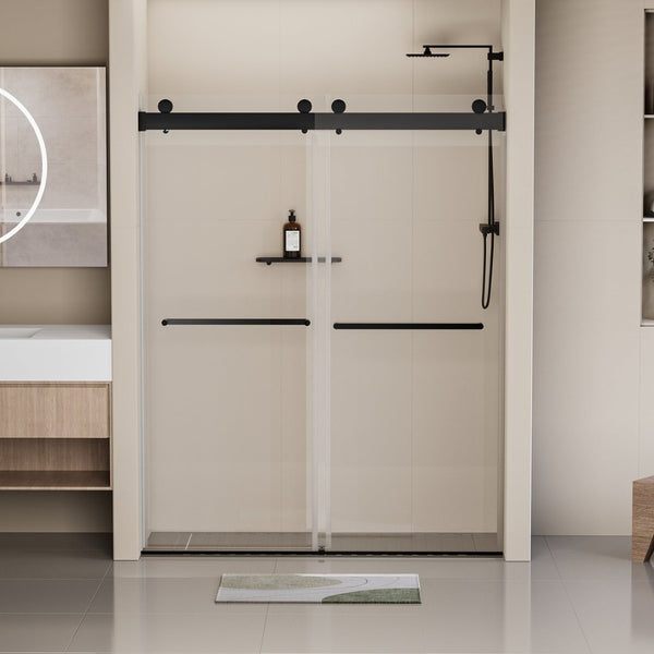 English Elm 56-60 in Frameless Double Sliding Shower Door 8mm Tempered Glass Matte Black Soft Close W1920P181719