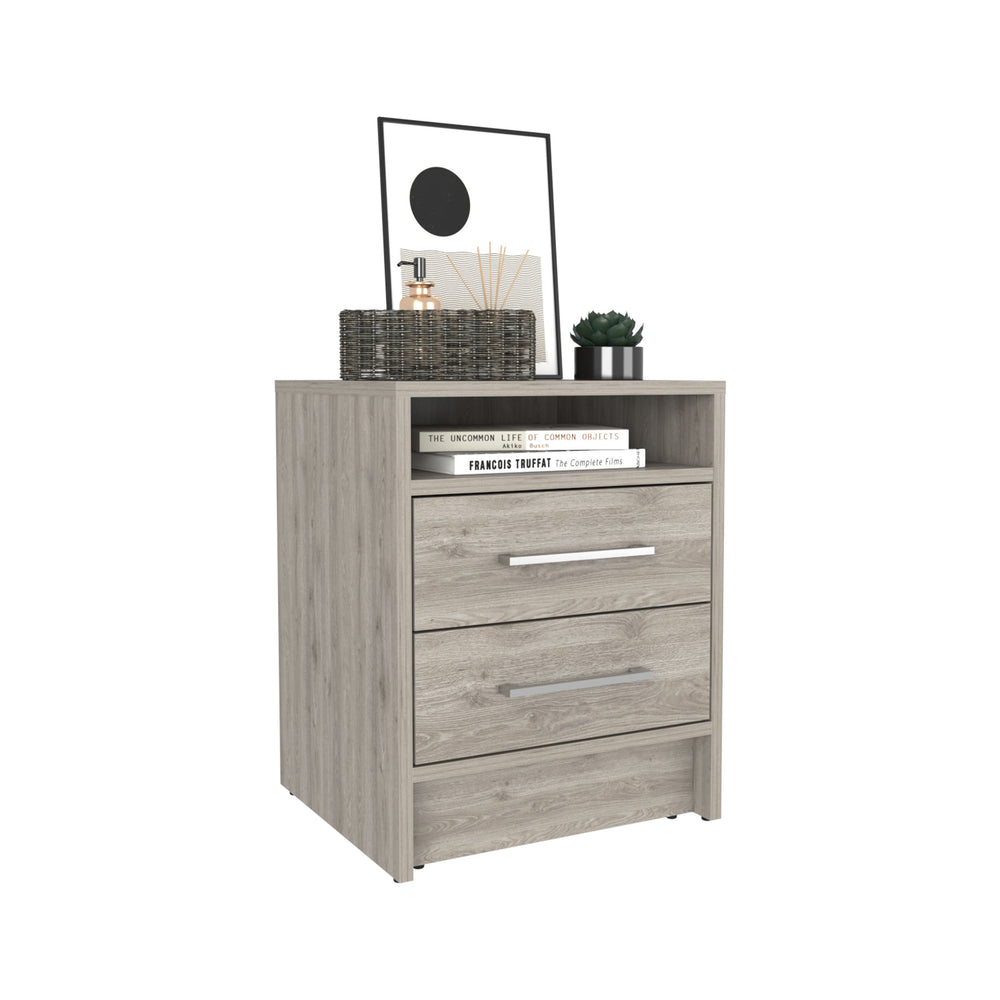 English Elm Nightstand - Modern Light Gray Design With Two Drawers, Open Shelf & Chic Metal Handles For Storage B097133061