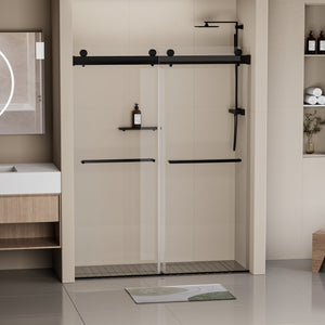 English Elm 56-60 in Frameless Double Sliding Shower Door 8mm Tempered Glass Matte Black Soft Close W1920P181719