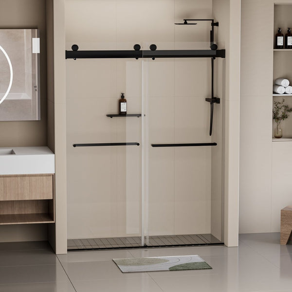 English Elm 56-60 in Frameless Double Sliding Shower Door 8mm Tempered Glass Matte Black Soft Close W1920P181719