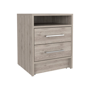 English Elm Nightstand - Modern Light Gray Design With Two Drawers, Open Shelf & Chic Metal Handles For Storage B097133061