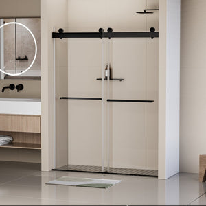 English Elm 56-60 in Frameless Double Sliding Shower Door 8mm Tempered Glass Matte Black Soft Close W1920P181719