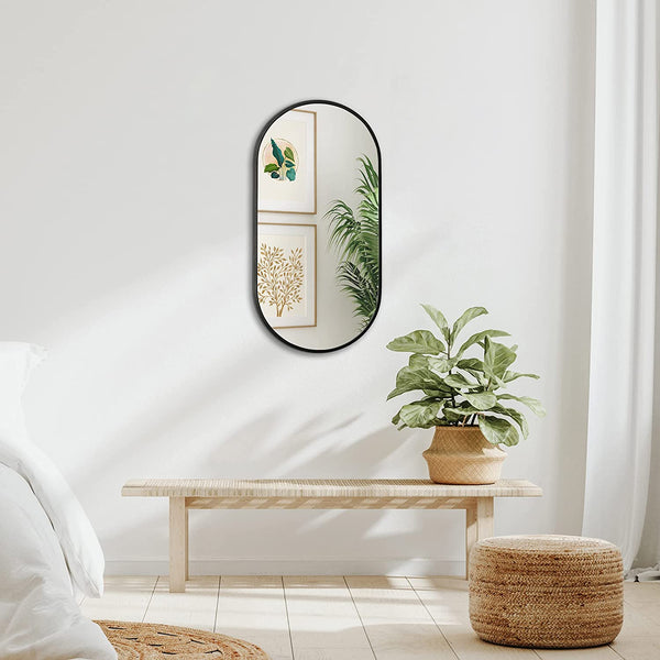 English Elm Black 20 x 33 Inch Metal Oval Mirror with Brushed Aluminum Frame, Shatterproof HD Glass, Easy Install W2203P323185