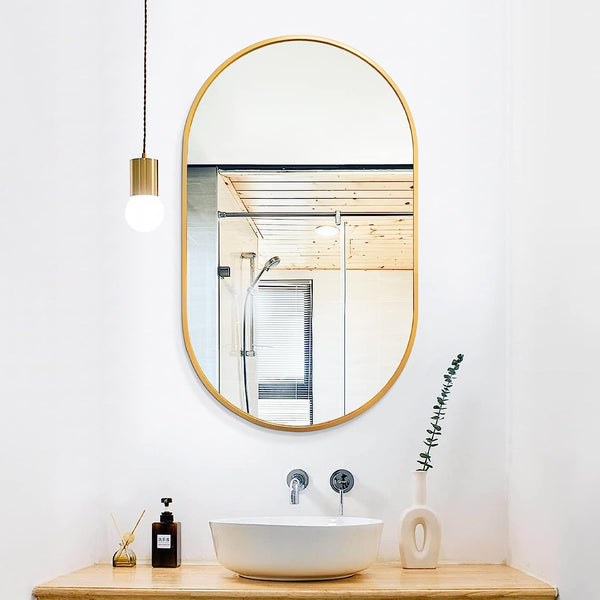 English Elm Gold Modern Oval Wall Mirror - 20 X 33 Inch Brushed Aluminum Frame With Hd Glass, Easy Install W2203P323188