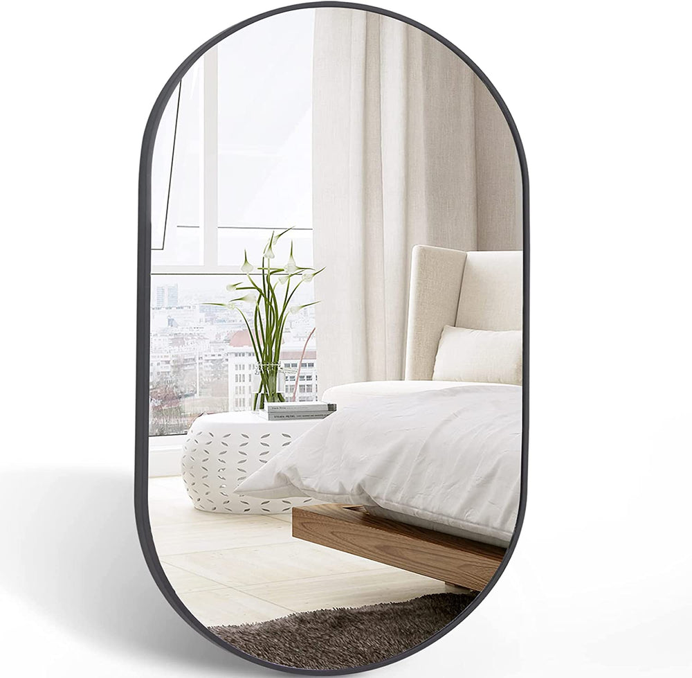 English Elm Black 20 x 28 Inch Metal Oval Mirror with Brushed Aluminum Frame, Shatterproof 4mm HD Glass, Easy Install W2203P323148