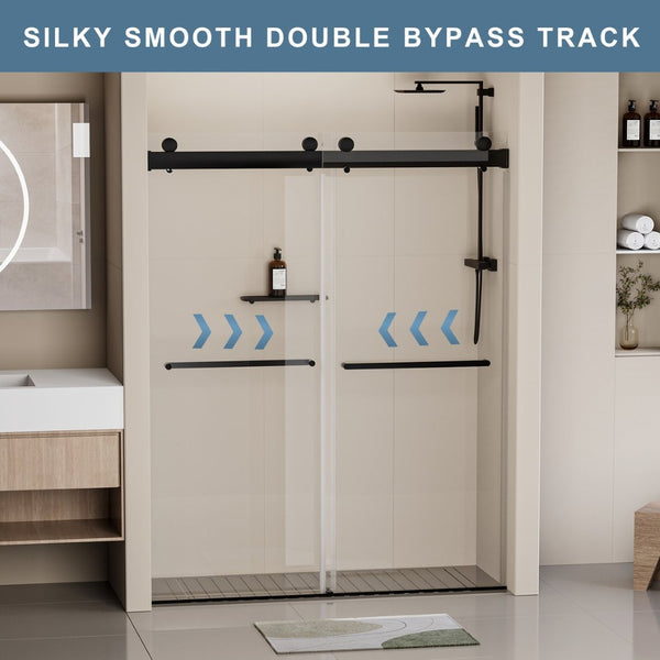 English Elm 56-60 in Frameless Double Sliding Shower Door 8mm Tempered Glass Matte Black Soft Close W1920P181719