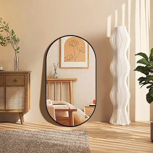 English Elm Black 20 x 28 Inch Metal Oval Mirror with Brushed Aluminum Frame, Shatterproof 4mm HD Glass, Easy Install W2203P323148