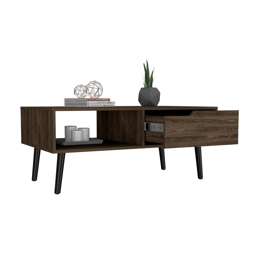 English Elm Coffee Solid Wood-Look Coffee Table with One Open Shelf and Drawer, Dark Walnut Finish, Modern Chic Brown 44.48 L x 4.72 W x 6.3 H B097133228