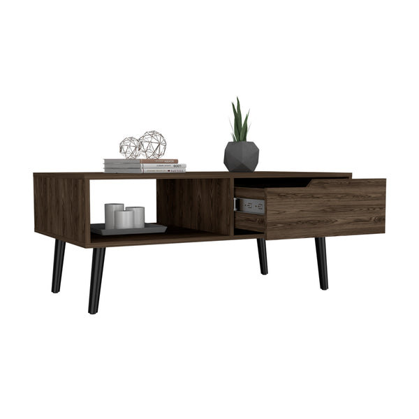 English Elm Coffee Solid Wood-Look Coffee Table with One Open Shelf and Drawer, Dark Walnut Finish, Modern Chic Brown 44.48 L x 4.72 W x 6.3 H B097133228