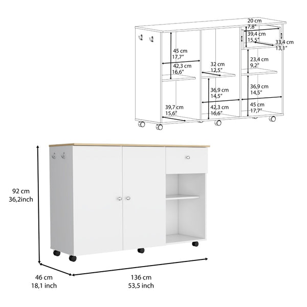 English Elm Kitchen Island Cart with Locking Casters Drawer and Cabinet in White Oak Finish B200S00086