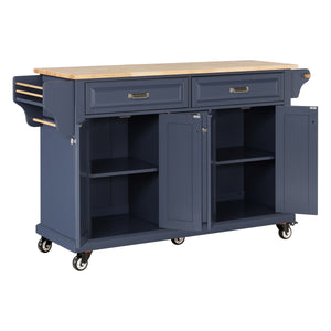 English Elm Kitchen Island Rubber Wood Countertop Mobile Cart with Towel & Spice Racks, Drawers, Storage Wheels Blue W914P147993