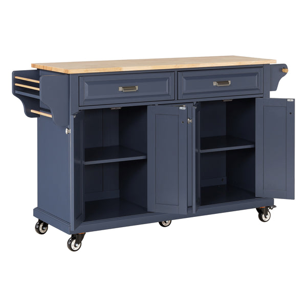 English Elm Kitchen Island Rubber Wood Countertop Mobile Cart with Towel & Spice Racks, Drawers, Storage Wheels Blue W914P147993