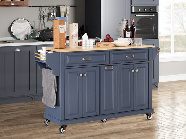 English Elm Kitchen Island Rubber Wood Countertop Mobile Cart with Towel & Spice Racks, Drawers, Storage Wheels Blue W914P147993