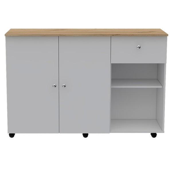 English Elm Kitchen Island Cart with Locking Casters Drawer and Cabinet in White Oak Finish B200S00086