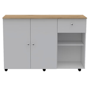 English Elm Kitchen Island Cart with Locking Casters Drawer and Cabinet in White Oak Finish B070S00086