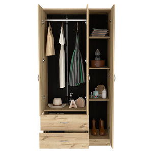 English Elm Austral 3-Door Armoire Wardrobe with Shelves, Hanging Rod & 2 Drawers — Space-Saving Light Oak B200S00023