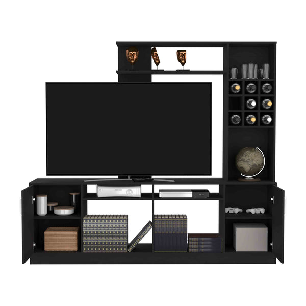 English Elm Kava Black Entertainment Center with Six Shelves & Double-Door Cabinet, Fits TVs up to 37", Sturdy Storage B200S00049