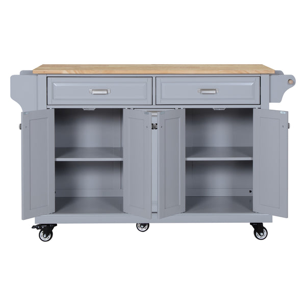 English Elm Kitchen Island Rubber Wood Countertop Mobile Cart with Towel & Spice Racks, Drawers, Storage Wheels Grey W914P147989